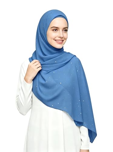 Lina & Lily Sparkle Shimmer Gold Glitter Women's Chiffon Hijab Head Scarf Shawl Wrap Lightweight - color: Indigo Blue