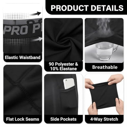LANBAOSI Mens Compression Shorts with Phone Pocket Running Gym Yoga Athletic Tights Baselayer Summer Cool Dry Underwear Pack - color: Black, size: Large
