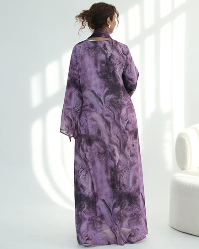 Modest Cardigan Set Women Muslim Dress with Soft Hijab Scarf Islamic Outfits Open Abaya For Eid, Ramadan, Umrah, Hajj - color: Purple, size: M(54)