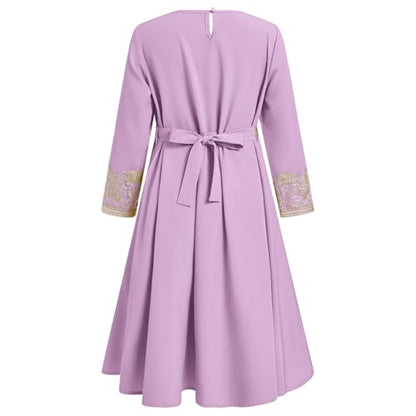 FYMNSI Kids Girls Muslim Abaya Dress Modest Lace Belted Prayer Dress Islamic Maxi Robe Kaftan Ramadan Arabian Dubai Clothes - color: Purple, Pink, size: 4-5T