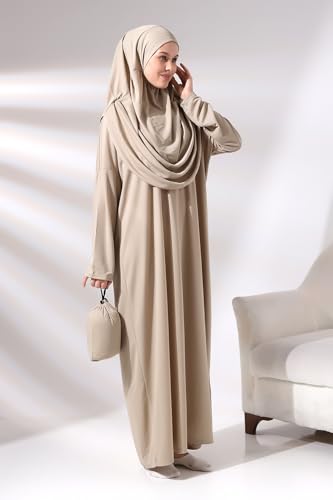 ihvan online, Islamic Prayer Dress & Rug Set, Soft Plush Lux Velvet Prayer Mat with Muslim Dresses for Women, Mink-Standard Sizes: 2-12 (XS-XXL), Islamic Prayer Gift Set