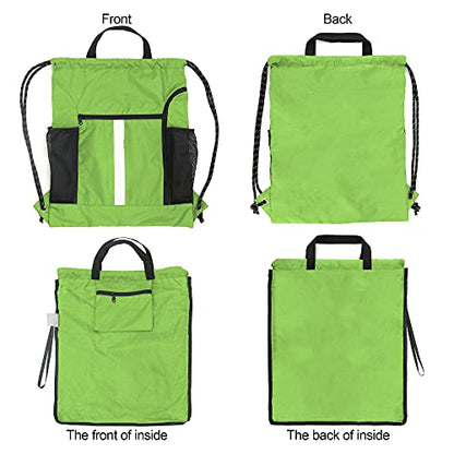 BeeGreen Cinch Bag Backpack String Gym Sackpack with Shoe Compartment and Two Side Mesh Pockets Large Lightweight Portable Sport Drawstring Sack - color: Lime, style: Drawstring With Shoe Compartment