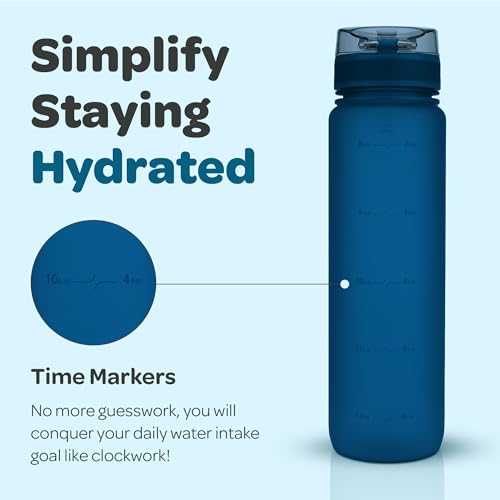 Hydracy 타임 마커 및 과일 인퓨저가 있는 물병 - BPA 프리 - 946.4ml(32온스) | 샘 방지 체육관 병, 마실 시간이 있고 땀이 나지 않는 슬리브 - 피트니스 스포츠 및 야외 활동에 이상적입니다 - color: 미드나잇 블루, size: 32온스