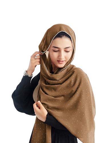 Hijab for Women Premium Chiffon Hijab Rhinestone Hijab Scraf for Women Muslim - color: Camel