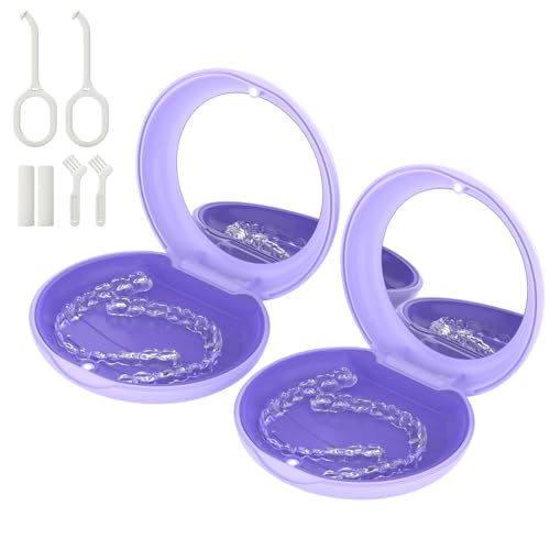 2 Pack Retainer Case with Mirror, Aligner Case Kit for Invisalign | 2 Pack Slim Magnetic Retainer Case with Mirror • Pocket-Size for Travel • Full Kit: Removal Tool, Aligner Seater & Brush - color: 2 Pack - PurpleMirror