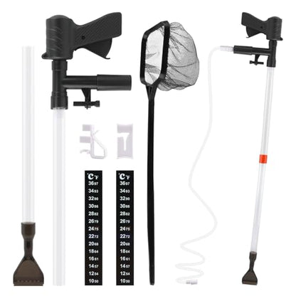 Aquarium Gravel Cleaner, Fish Tank Cleaner Kit, Aquarium Manual Press Noiseless Water Changer, Including Net,Thermometers & Cleaning Accessories for Fish Tank Maintenance