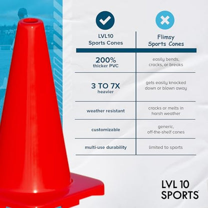LVL10 Pro Training Cones - 12" Large Soccer Cones for Sports Training - for Basketball, Football, Basketball and Agility Drills - Soccer Field Markers that Won't Crack, Slide or Fly - style: 12 Cones with Stickers