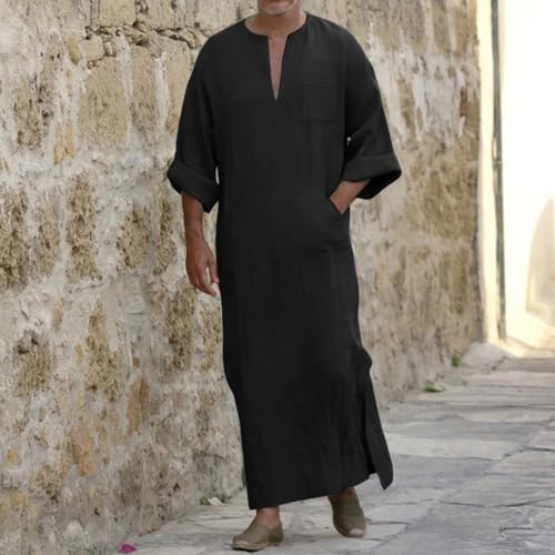 Mens Kurta Linen V Neck Long Sleeve Kaftan Casual Modern Everyday Thobes Soft Breathable Lightweight Kurta - color: 01#_black, size: Small