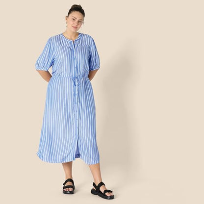 Amazon Essentials Women's Relaxed Fit Half-Sleeve Breathable Button Front Drawstring Waist Midi A-Line Dress with Pockets - color: French Blue/White Stripe, size: Medium