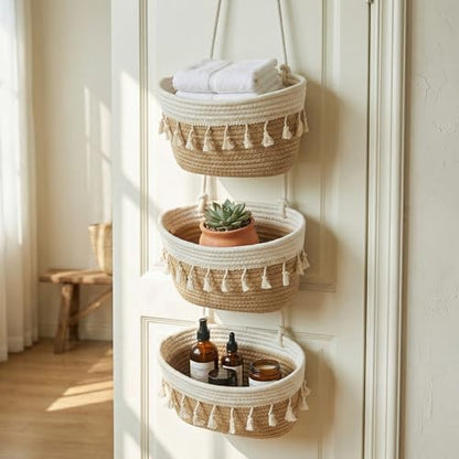 Hanging Basket, Over Door Organizer, 3 -Tier Wall Basket with Hooks | Woven Cotton Basket, Adjustable Hanging Baskets for Organizing, No Drilling for Farmhouse, Boho Home and Nursery Decor - style: Tassel