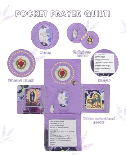 Onism Pocket Prayer Quilt with Cross, 3 Pack Spanish, Pink Blue Purple Set | Handcrafted handheld shrine, soft velvet backing, scripture verses inside, baptism keepsake for women, portable travel altar - color: 3pcs Pink、purple、blue – Large (No Pocket)