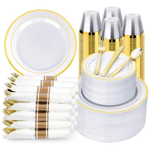 BESTVIP 700PCS Gold Plastic Dinnerware Set for 100 Guests, Disposable Plates for Party, Include: 200 Plastic Plates, 100 Pre Rolled Napkins with Gold Silverware, 100 Cups for Christmas, Halloween - color: Gold, size: 100 Guests