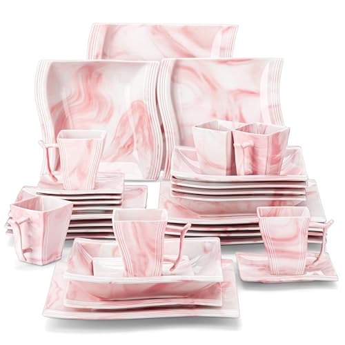 MALACASA Dinnerware Sets, 30-Piece Pink Plates and Bowls Sets for 6, Porcelain Dinnerware Set with Plates and Bowls, Cups and Sacuers, Square Dish Set, Modern Dining Ware Set, Series Flora - color: Pink, size: 30 Piece(Service for 6)