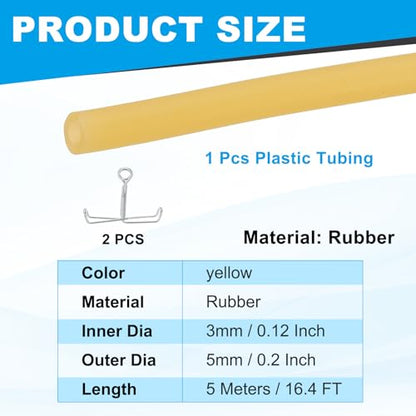 PATIKIL Rubber Tubing, 3mmx5mmx5m Tubing Tube with Hose Clamps, Soft Hose Line Pipe for Multipurpose Industrial Aquarium, Yellow - size: 3mmx5mmx5m