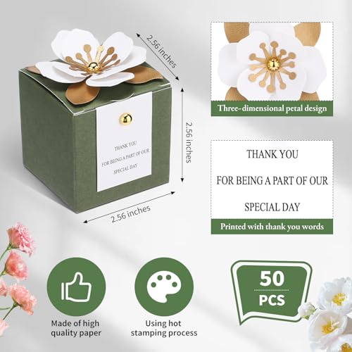 Affrolling 50 Pcs Wedding Favor Boxes with Thanks Card Square Flower Candy Boxes Paper Bridal Gift Box for Guests Wedding Bridal Shower Birthday Party Anniversary(Green) - color: Green