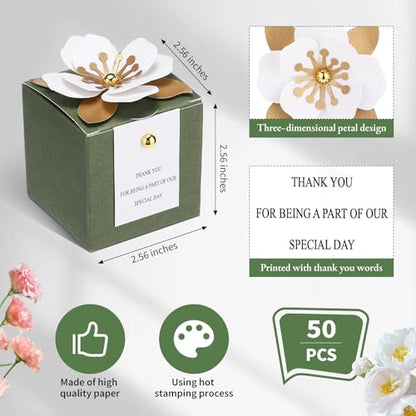 Affrolling 50 Pcs Wedding Favor Boxes with Thanks Card Square Flower Candy Boxes Paper Bridal Gift Box for Guests Wedding Bridal Shower Birthday Party Anniversary(Green) - color: Green
