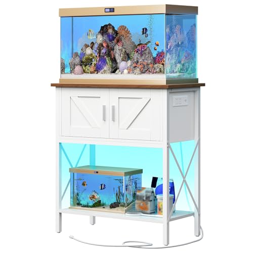 HOOBRO 20 Gallon Fish Tank Stand with Power Outlets and LED Light, Metal Frame Aquarium Stand, Reptile, Turtle Tank Stand with Cabinet Storage, 300 LBS Capacity, White and Walnut WH40UDFT01 - color: White + Walnut