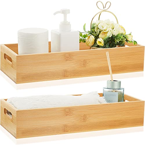2 Pcs Bamboo Toilet Tank Tray Bathroom Trays with Handles - Wood Toilet Paper Basket and Organizer with 10 Pcs Non Slip Silicone Pads