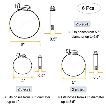 6 Pieces Adjustable 304 Stainless Steel Worm Gear Hose Clamps Water Pipe Clamps Assortment Kit Duct Clamps Pipe Clamp worm drive hose clamps (4" 5” 6") - size: 4"/5"/6"-6Pcs
