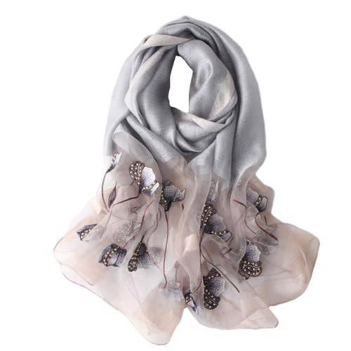 Purple Silk Scarf and Shawl - Elegant Embroidered Silk Scarf - color: Light Grey