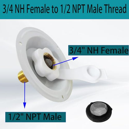 RV City Water Inlet With Check Valve, 3/4 NH Female to 1/2 NPT Male Flange Fresh Water Replacement, Dust Plug for Camper Motorhome, White