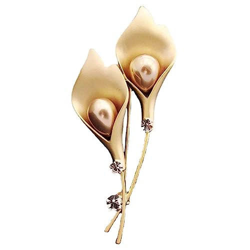 Crystal Pearl Flower Brooches Pins Fashion Beautiful Created Rhinestone Floral Brooch Good Idea for Party Dance Wedding Banquet for Elegant Women Girl - color: Gold Lily