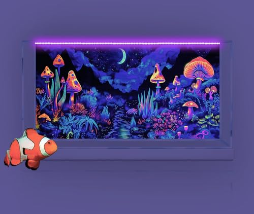 72X24IN Blacklight Mushroom Flower Black Light Aquarium Background, UV Fish Tank Background Moonlight Mountain Forest Landscape Terrarium Background with 10 EVA Double-Sided Tape - size: 72X24in/180X60cm