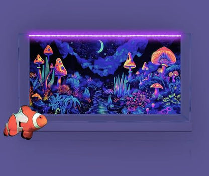 72X18IN Blacklight Mushroom Flower Black Light Aquarium Background, UV Fish Tank Background Moonlight Mountain Forest Landscape Terrarium Background with 10 EVA Double-Sided Tape - size: 72X18in/180X45cm