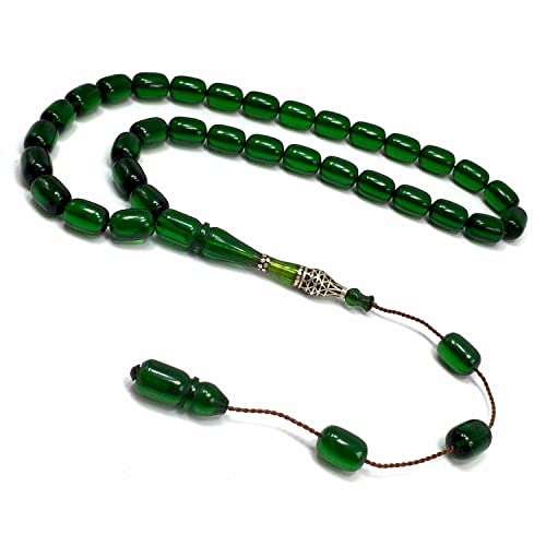 EXCLUSIVE COLLECTION -Handmade Silver Engraved Bakelite Tesbih, Tasbih, Islamic Rosary, Islamic Prayer Beads, Misbaha (8x12 mm 33 Forest Green Beads) - color: 8x12 mm 33 Forest Green Beads