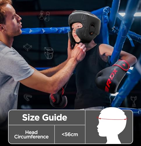 RDX Kids Boxing Headgear, MMA Training, Adjustable Padded Kara Muay Thai Juniors Head Gear, Kickboxing, Sparring, Martial Arts, Karate, Taekwondo Youth Girls Boys Helmet, Home Gym Workouts - color: Red