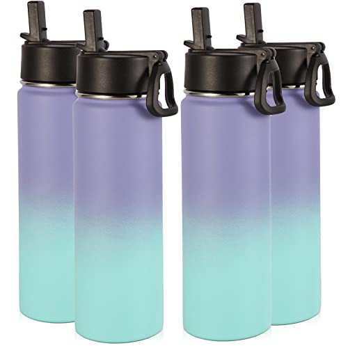 Volhoply Insulated Water Bottles with Straw Bulk 4 Pack, 22 oz Stainless Steel Double Walled Vacuum Travel Water Cups with Wide Mouth, Reusable Cold Water Flask for School Hiking(Purple Blue,4 Set) - color: Purple Blue