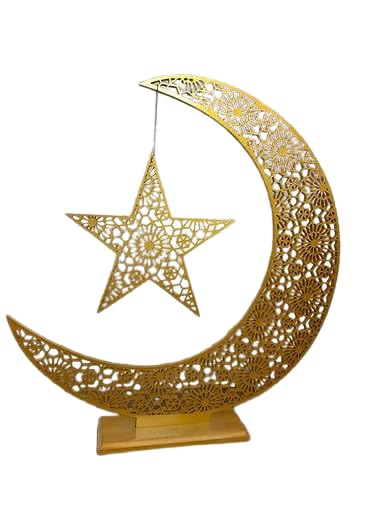 Wooden Crescent Moon - Gold Finish for Eid, Hajj, Ramadan Kareem Mubarak Celebrations Home Muslim Decorations, Shine, Smooth with LED Lights Festive (Bright Gold, 1ft) - color: Bright Gold, size: 1ft