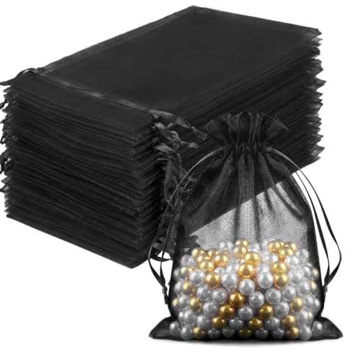 FUNFERY 100PCS Black Organza Gift Bags 4x6in,Drawstring Pouch for Jewelry - color: Black-4"x6"