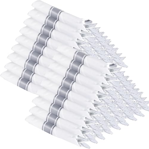 Supernal 100 Pack Pre Rolled Silver Plastic Silverware with Napkins - color: Silver, size: 100 Pack