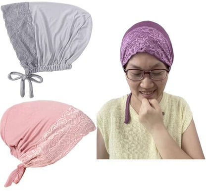 3Pack Islamic Muslim Under Hijab Cap Inner UnderScarf for women Lace Under Scarf Hat Hijab Cap with Tie - color: Skin Pink Light Grey Purple