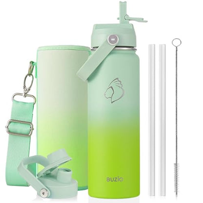 BUZIO 24 oz Insulated Water Bottle, Stainless Steel Wide Mouth Water Flask with Straw Lid, Cold for 48 Hrs Leak Proof Metal Hydro Thermo Canteen Mug, Gradient Green - color: Gradient Green, size: 24 Ounces