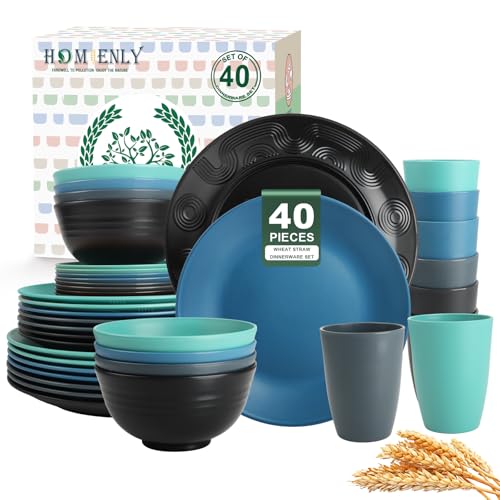 Homienly 40 PCS Premium Wheat Straw Dinnerware Sets, Reusable Unbreakable Plates and Bowls Set, Cups Sets, Service for 8, Microwave and Dishwasher Safe Dishes Set for Party, Outdoor (Nightscape) - color: Nightscape, size: 40 PCS