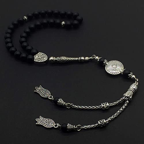 Stylist Prayer Beads (8 mm-33 Beads) Tesbih-Tasbih-Tasbeeh-Misbaha-Masbaha-Subha-Sebha-Sibha-Rosary-Worry Beads (Black Matte Agate Stone) - color: Black Matte Agate Stone