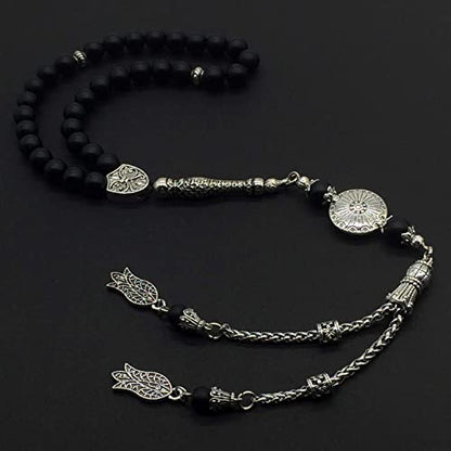 Stylist Prayer Beads (8 mm-33 Beads) Tesbih-Tasbih-Tasbeeh-Misbaha-Masbaha-Subha-Sebha-Sibha-Rosary-Worry Beads (Black Matte Agate Stone) - color: Black Matte Agate Stone