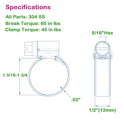 Non-Slip Stainless Steel Worm Gear Hose Clamps 1-3/16 to 1-3/4"(30-45mm) | SAE Size 20, 5/16"Hex Head, Soft Hose Protection, Adjustable for Automotive, Fuel Line, Garden, Heater, Radiator, 12Pack - size: SAE#20(1-3/16 To 1-3/4)
