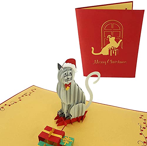 PopLife Holiday Cat Pop Up Christmas Card, Handmade 3D Greeting, Blank Merry Christmas Note, Small Stocking Present for Friends and Family, Card for Cat Lovers - color: Holiday Cat