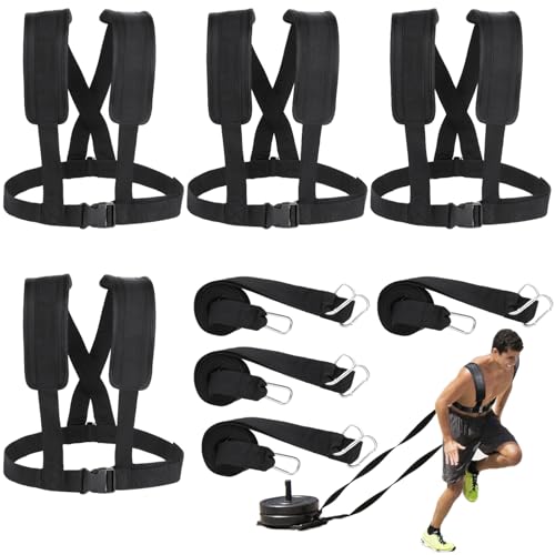 4 PCS Sled Harness for Exercise, Physical Football Running Resistance Training Rope Kit, Tire Pulling Harness Fitness Workout Assistance Equipment Trainer with Adjustable Padded Shoulder Strap