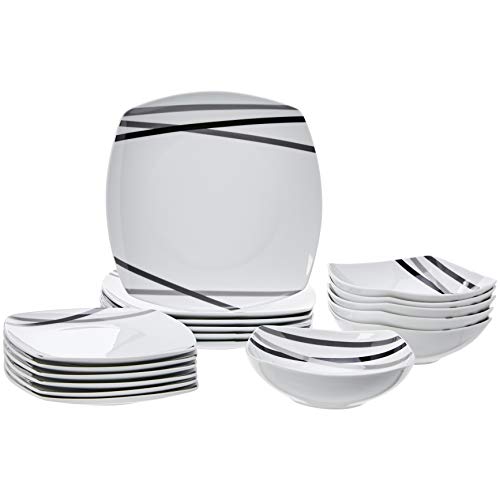 Amazon Basics Square Dinnerware Set for 6, Plates and Bowls for Kitchen, 18-Piece, Dishwasher and Microwave Safe, Modern Beams - color: Modern Beams