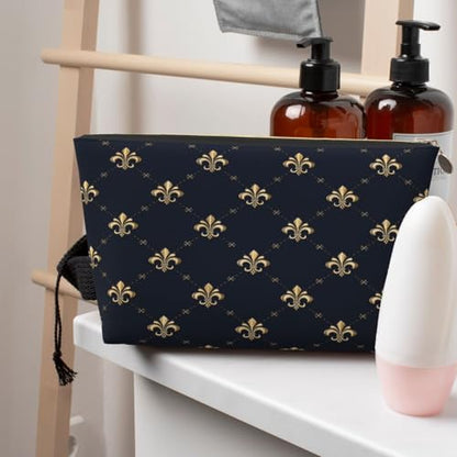 Leather Makeup Bag for Purse, Waterproof Small Toiletry Bag with Zipper, Cute Cosmetic Bags for Women, Navy Gold Fleur De Lis Pattern Travel Pouch - color: Navy Gold Fleur De Lis Pattern