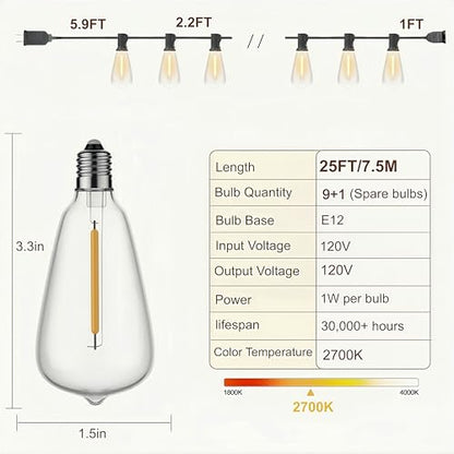 25FT Outdoor String Lights, IP45 Waterproof Patio Lights LED ST38 - size: 25FT(10 Bulbs)