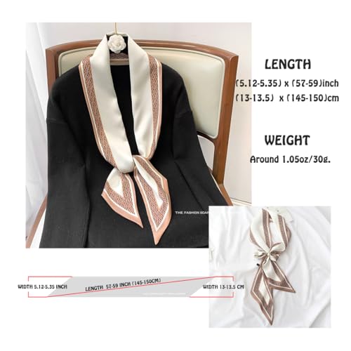 Silk Feeling Head Scarf Fashion Satin Hair Scarf Square Long Scarves for Women Gifts - color: 02 Coffee White 5.12 X 59 Inch
