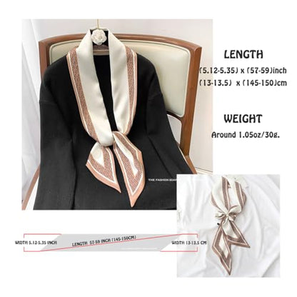 Silk Feeling Head Scarf Fashion Satin Hair Scarf Square Long Scarves for Women Gifts - color: 02 Coffee White 5.12 X 59 Inch