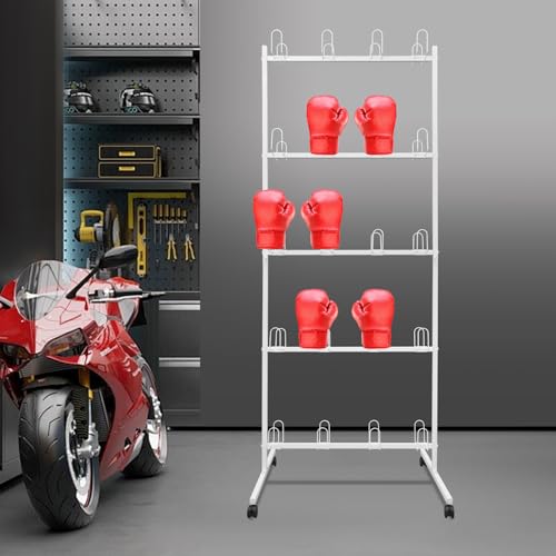 Boxing Gloves Drying Rack with Wheels, 5-Tier Metal Storage Stand Holds 20 Pairs, Freestanding Boxing Glove Organizer for Gym Home Training Room, White