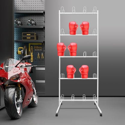 Boxing Gloves Drying Rack with Wheels, 5-Tier Metal Storage Stand Holds 20 Pairs, Freestanding Boxing Glove Organizer for Gym Home Training Room, White