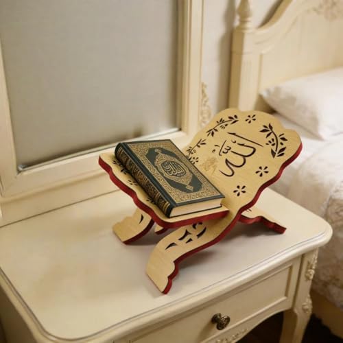 KYMY Muslim Quran Rehal Book Stand – Foldable Wooden Carved Quran Reading Holder for Al-Quran, Koran, Bible Books, Islamic Prayer Book Stand for Ramadan & Eid Decor - style: Normal